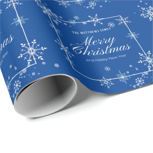 Navy Blue und Silver Snowflake Script Weihnachten Geschenkpapier (Rolleneckpunkt)