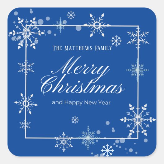 Navy Blue und Silver Snowflake Script Weihnachten Quadratischer Aufkleber (Vorderseite)