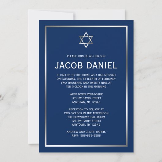 Navy Blue und Silver Star von David Bar Mitzvah Einladung (Vorderseite)