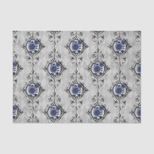 Navy Blue und Silver Viktorianisch Floral Damask Seidenpapier (Vorderseite)