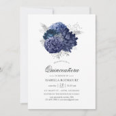 Navy Blue und Silver Vintage Rose Quinceañera Einladung (Vorderseite)
