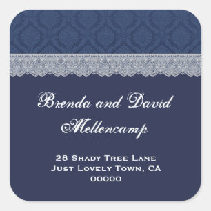 Navy Blue und Silver Wedding Damask Spitzen Adress Quadratischer Aufkleber