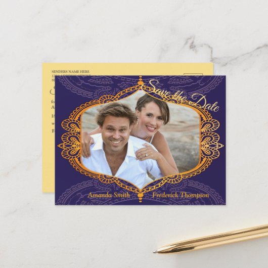 Navy Blue und Violet mit Gold-Mandalasen Ankündigungspostkarte (Vorderseite/Rückseite Beispiel)