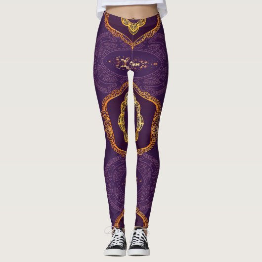Navy Blue und Violet mit Gold-Mandalasen Leggings (Vorderseite)