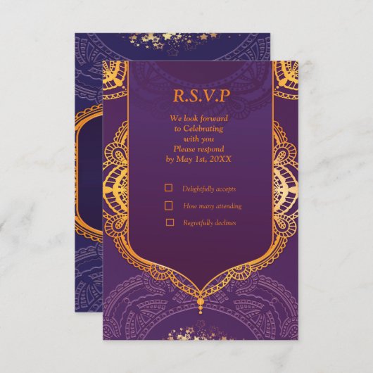 Navy Blue und Violet mit Gold-Mandalasen RSVP Karte (Vorne/Hinten)
