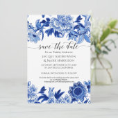 Navy Blue und White Asian Influenza Chinoiserie Save The Date (Stehend Vorderseite)