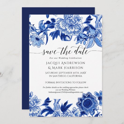 Navy Blue und White Asian Influenza Chinoiserie Save The Date (Vorne/Hinten)