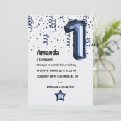 Navy Blue und White Balloon 1. Geburtstag Einladung (Stehend Vorderseite)