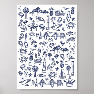 Navy Blue und White Charleston Toile Mini Poster