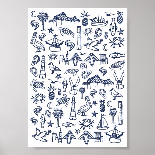 Navy Blue und White Charleston Toile Mini Poster (Vorne)