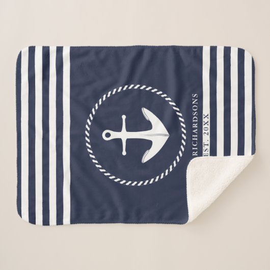 Navy Blue und White Coastal Nautical Custom Sherpadecke (Vorderseite (Horizontal))
