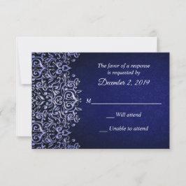 Navy Blue und White Damask | Winterhochzeit RSVP Karte