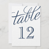 Navy Blue und White Elegante Script-Tischnummern (Vorderseite)
