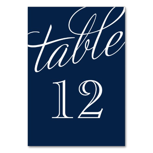 Navy Blue und White Elegante Script-Tischnummern Tischnummer (Rückseite)