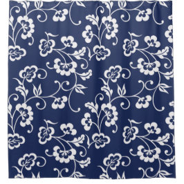 Navy Blue und White Floral Muster Duschvorhang