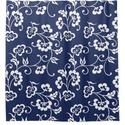 Navy Blue und White Floral Muster Duschvorhang (Vorderseite)