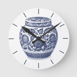 Navy Blue und White Ginger Jar Chinoiserie Design Runde Wanduhr