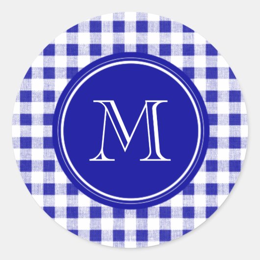 Navy Blue und White Gingham, Ihre Monogram Runder Aufkleber (Vorderseite)