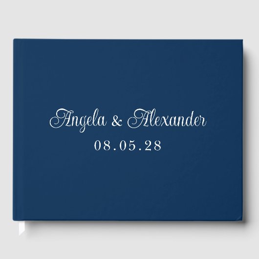 Navy Blue und White Hübsch Curly Script Wedding Gästebuch (Vorderseite)