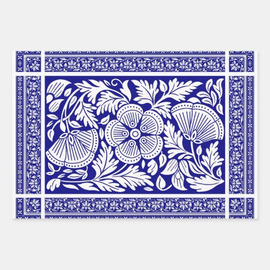 Navy Blue und White Indian Floral Pattern Geschenkpapier Set (Vorderseite)