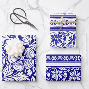 Navy Blue und White Indian Floral Pattern Geschenkpapier Set