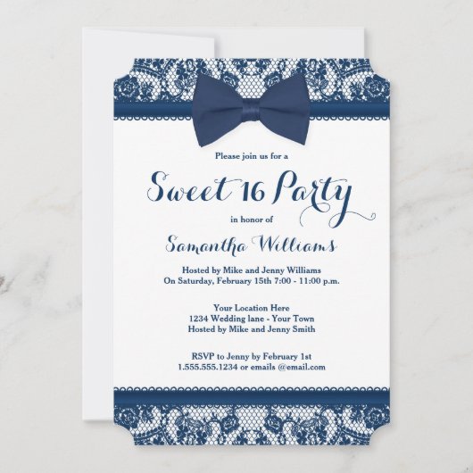 Navy Blue und White Lace Bow Sweet 16 Party Einladung (Vorderseite)