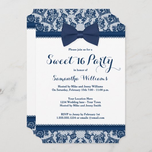 Navy Blue und White Lace Bow Sweet 16 Party Einladung (Vorne/Hinten)