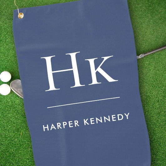 Navy Blue und White Modern Monogram EleganCustom Golfhandtuch