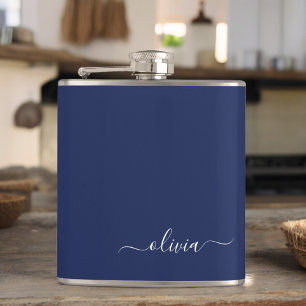 Navy Blue und White Modern Monogram Flachmann