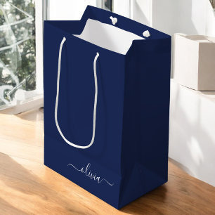 Navy Blue und White Modern Monogram Mittlere Geschenktüte