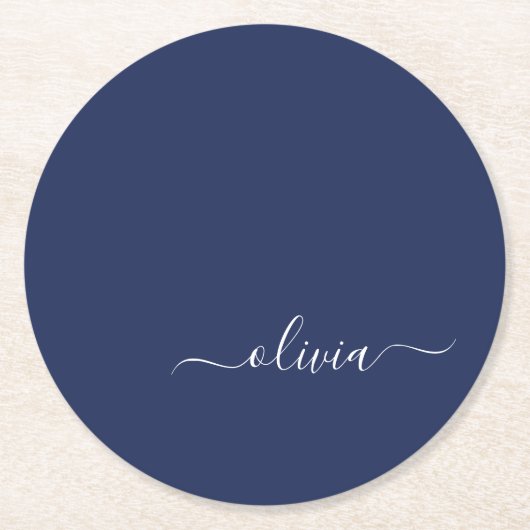 Navy Blue und White Modern Monogram Runder Pappuntersetzer (Vorderseite)