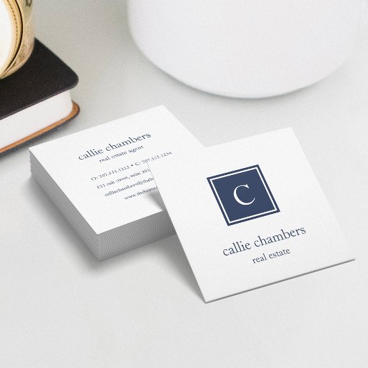 Navy Blue und White Monogram Quadratische Visitenkarte