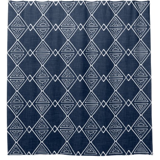 Navy Blue und White Mudclow Inspirierte Tribal Pri Duschvorhang (Vorderseite)