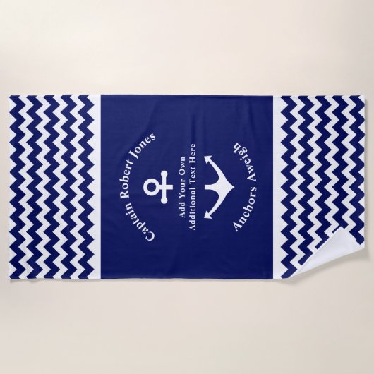 Navy Blue und White Nautical Anchor Benutzerdefini Strandtuch (Vorderseite)