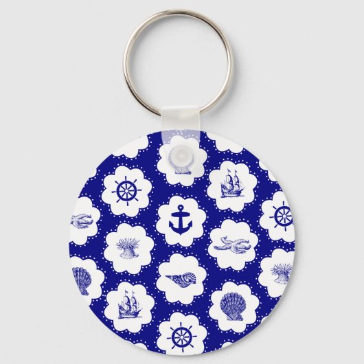 Navy Blue und White Nautical Pattern Schlüsselanhänger (Vorderseite)