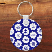 Navy Blue und White Nautical Pattern Schlüsselanhänger (Vorderseite)