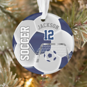 Navy Blue und White Personalize ⚽ Fußball Ball Ornament