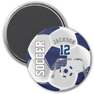 Navy Blue und White Personalize Soccer Ball Magnet
