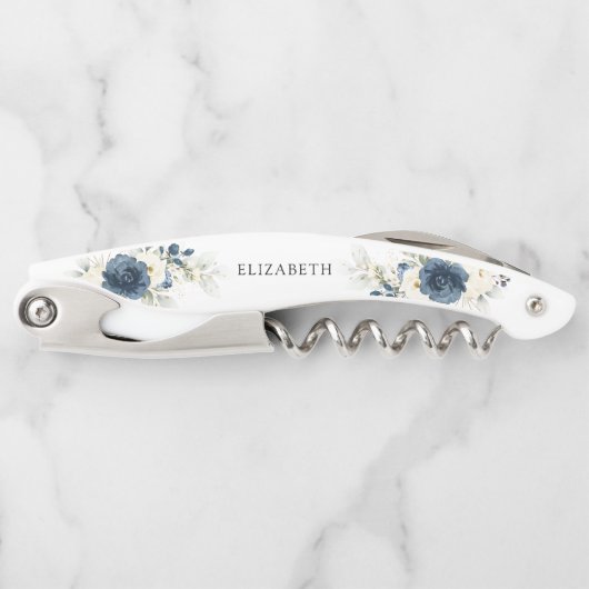 Navy Blue und White Roses Brautparty Kellnermesser (Vorderseite)