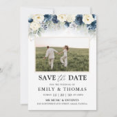Navy Blue und White Roses Save the Date mit Foto (Vorderseite)