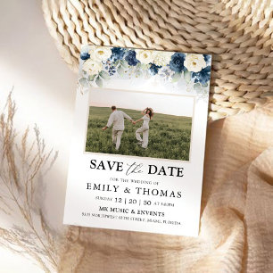 Navy Blue und White Roses Save the Date mit Foto