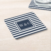 Navy Blue und White Strip Monogramm Rechteckiger Pappuntersetzer (angewinkelt)