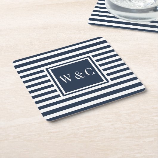 Navy Blue und White Strip Monogramm Rechteckiger Pappuntersetzer (angewinkelt)