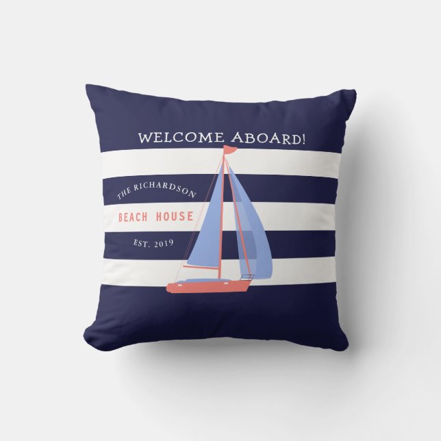 Navy Blue und White Stripes und Segelboot Nautic Kissen (Vorderseite)