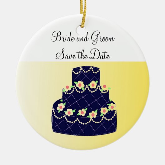 Navy Blue und Yellow Cake Save the Date Keramikornament (Vorne)