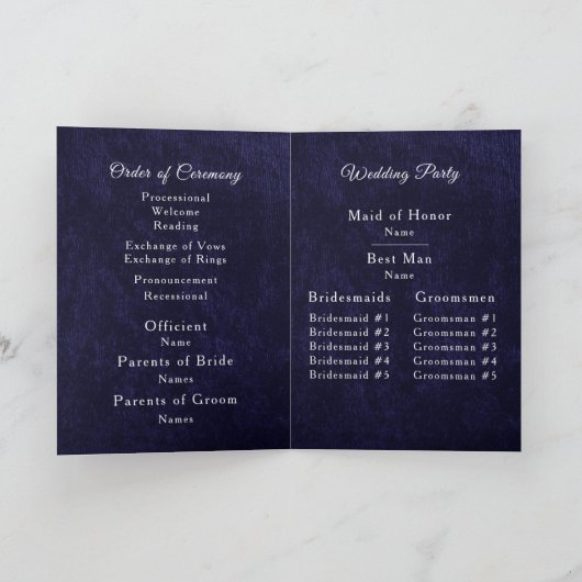 Navy Blue Velvet White Folded Wedding Program Programm (Innenseite)