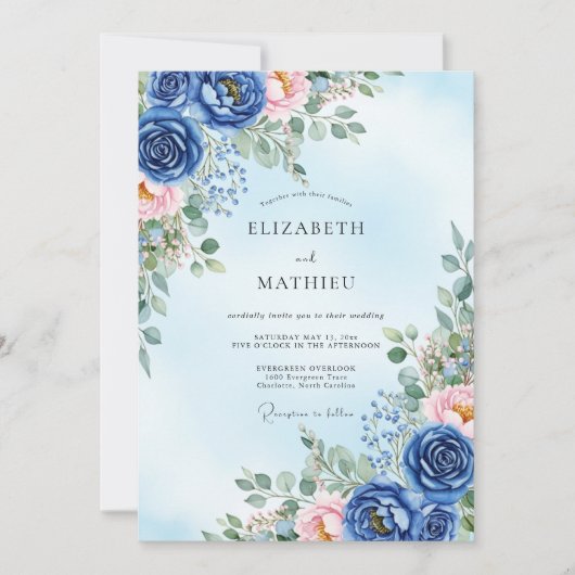 Navy Blue Verdant Spring Wedding Einladung (Vorderseite)