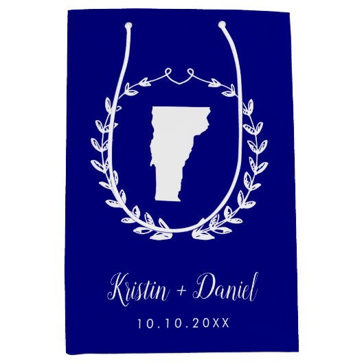 Navy Blue Vermont Map Wedding Welcome Swag Mittlere Geschenktüte (Vorderseite)