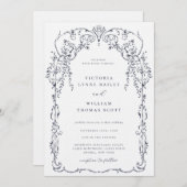 Navy Blue Viktorianisch Frame Wedding Einladung (Vorne/Hinten)