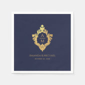 Navy Blue Vintag Wappen Monogram Imitate Gold Wedd Serviette (Vorderseite)